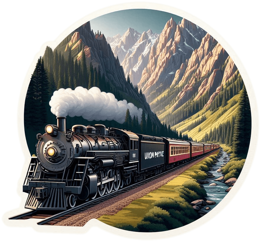 A Union Pacific steam locomotive powers through a valley on the Coastal Starlight railway.